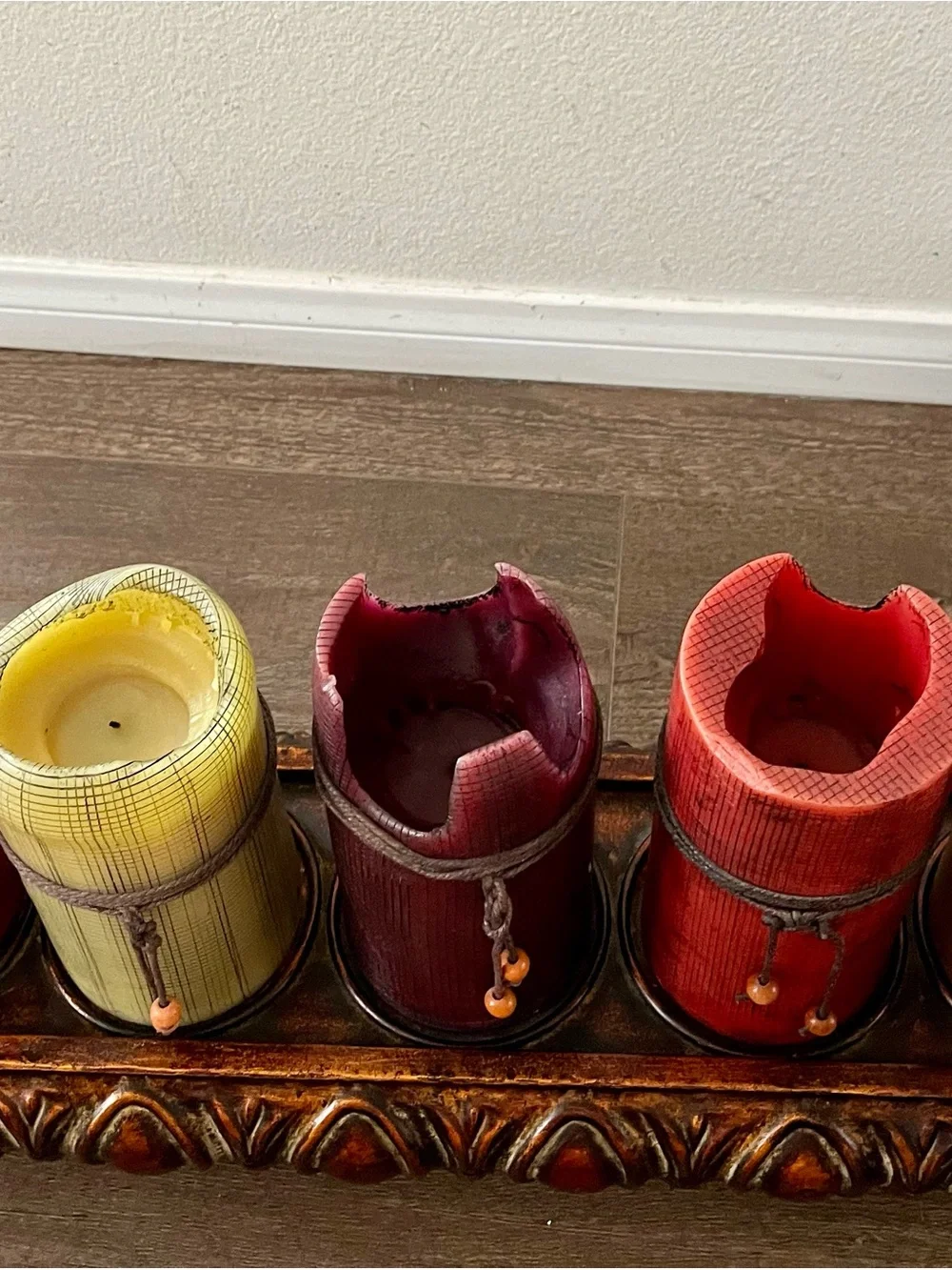 Decorative Multicolor Pillar Candle Set with Ornate Tray